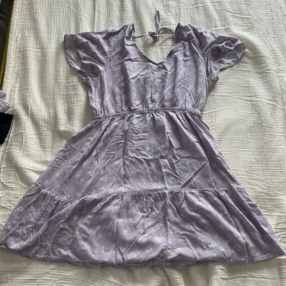 Floral Mini Dress Smocked Back Rayon Purple Boho Ruffle Tie Back Short Sleeve L